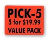 Label. 2" x 2". Printed "Pick 5 for $19.99."  Case dimension: 18" x 10" x 6." 500 labels/roll.