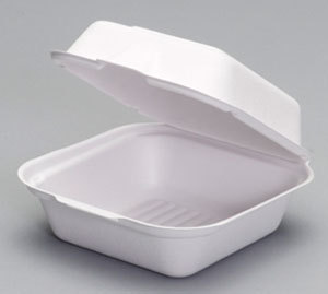 Compostable Large Hinged Sandwich Container.  5.9" x 6.1" x 3", White Color.  50 Containers/Sleeve, 8 Sleeves/Case.