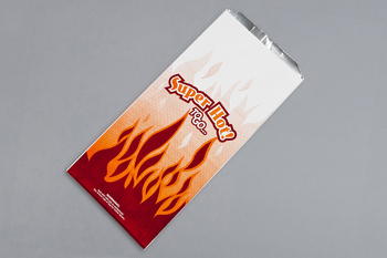 Foil-In Thermal Bag.  For Hot Foods.  6-1/2" x 4-3/8" x 14".  1/2 Gallon Size.  Printed "Superhot" Design, in Red/Yellow Colors.