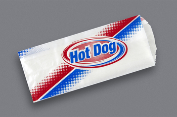 Hot Dog Bag.  Grease Resistant Paper.  3-1/2" x 1-1/2" x 8-1/2".  Conventional Style, Retro Design (Blue/White Colors). 1000 Bags Per Case