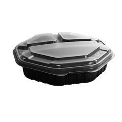 Creative Carryouts® OctaView® Supreme 3-Compartment Plastic Octagonal Hot Food To-Go Box. 7/8/24 oz. 9.1 X 9.1 X 2.4 in. Black and Clear. 100 count.