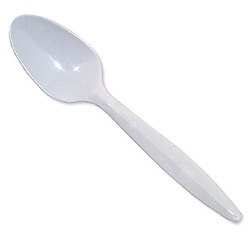 Teaspoon. White. Medium Weight Polypropylene. Recyclable/disposable. 1000/cs. (406014)