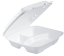 Foam Hinged Lid Container with Removable Vented Lid.  3-Compartment.  9.4" L x 9.0" W x 3.0" H.  White Color.  100 Containers/Sleeve.