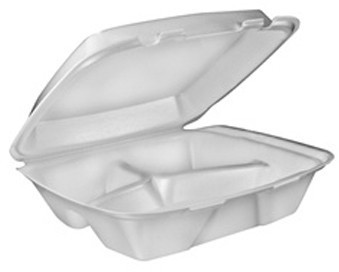 Foam Hinged Lid Container.  White, Large, 3-Compartment, Dual Tab.  9" x 9" x 3-1/4".